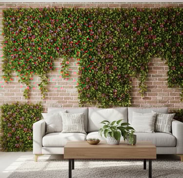 Residential patio area with vertical artificial ivy installation.