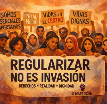 personas racializadas y migrantes susteniendo un cartel de la regularización en España