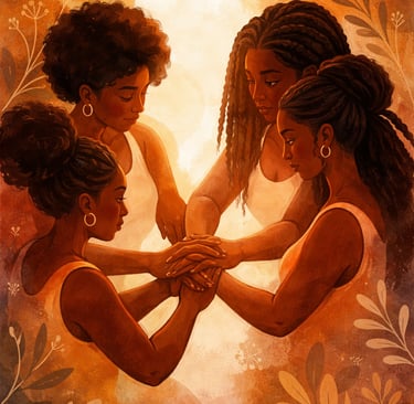 un grupo de mujeres africanas y afrodescendientes cogiendose las manos