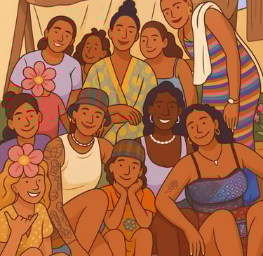 un grupo de mujeres africanas y afrodescendientes sentadas en un balancin