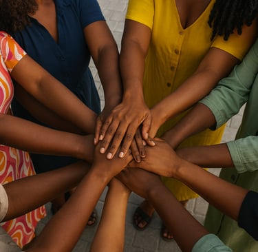 un grupo de mujeres africanas y afrodescendientes tomadas de la mano en un círculo