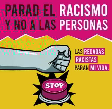 An anti-racism graphic showing a fist hitting a stop button with Spanish text demanding an end to racial profiling.