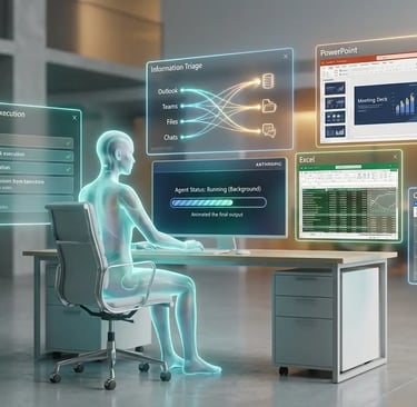 An AI agent autonomously managing office tasks across multiple apps simultaneously