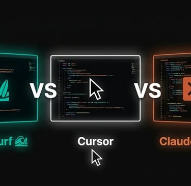 Windsurf vs Cursor vs Claude Code comparison — three AI code editors on dark screens side by side