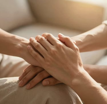 A gentle pastel illustration of two hands reaching out with a soft glowing heart between them.