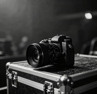 A moody, high-contrast black and white photography of a professional camera sitting on a flight case in a dimly lit Western European concert venue. The background is dark anthracite with subtle reflections of stage lights, capturing a raw rock-and-roll atmosphere.
