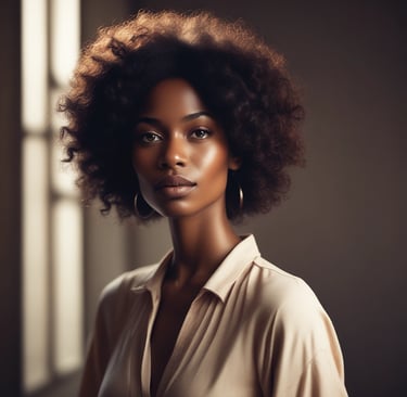 An elegant AI-generated portrait featuring soft lighting and a poised entrepreneur against a minimalist backdrop.