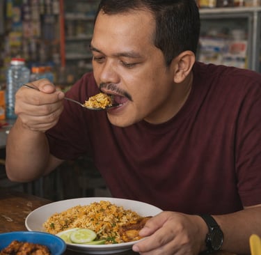 poto armando sinaga sedang makan lahap diwarung sederhana