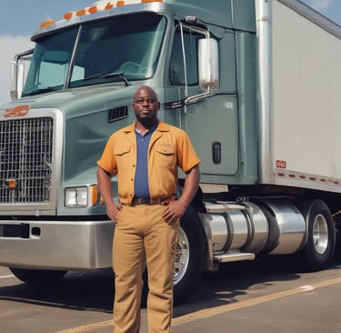 Close-up image of a professional truck driver in JDS Logistics uniform smiling confidently.