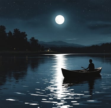 Ruderboot auf einem stillen, mondbeschienenen See unter Sternenhimmel – Sternenbrise