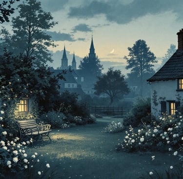Stiller Abendgarten mit weißen Rosen, Gartenbank und erleuchtetem Fenster im Dämmerlicht
