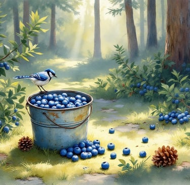 Aquarell: eine Blechkanne voller Blaubeeren im Moos, daneben verstreute Beeren im gefleckten Sonnenl