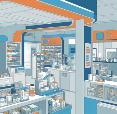 a medical office with a variety of products and medications in the room.