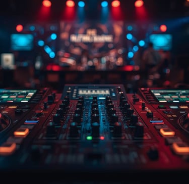 a dj mixing console in a venue