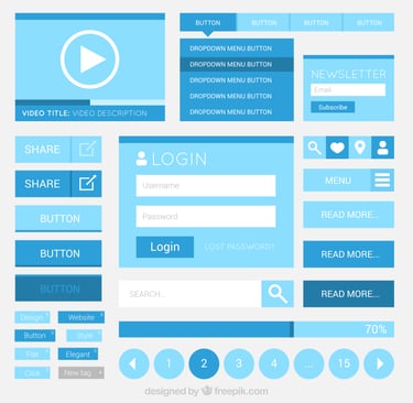 Kit de interfaz plana (Flat UI) con elementos de sitio web en color azul, incluyendo formulario 