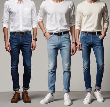 A man wearing a crisp white shirt and dark jeans, standing against a brick wall.