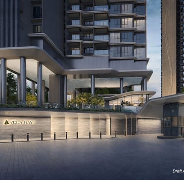 Modern luxury condominium entrance at Vela Bay with sleek architectural design and evening lighting.