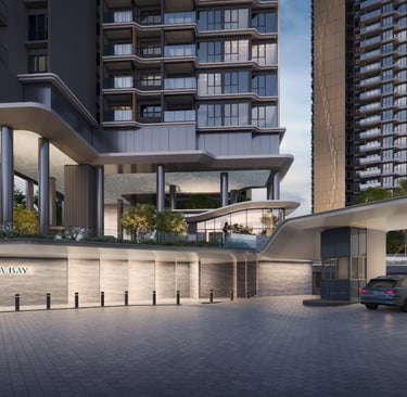 Modern luxury condominium entrance at Vela Bay with sleek architecture and high-rise apartments.