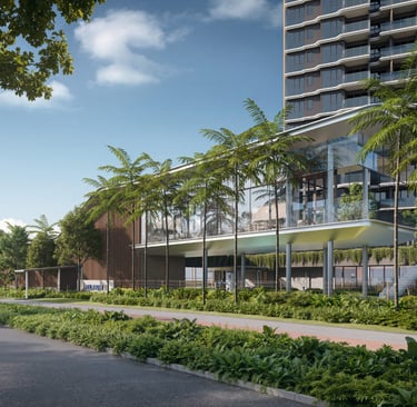Modern luxury apartment building with tropical palm trees and a blue car on a paved road.