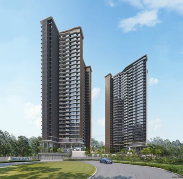 Modern luxury high-rise condominium towers featuring glass balconies and lush landscaped greenery.