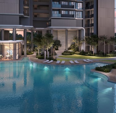 Luxury residential condo swimming pool with modern architecture and lush landscaping at sunset.