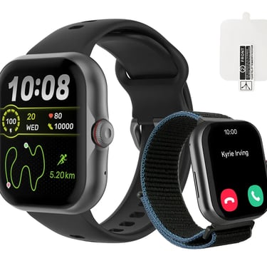 Black smartwatch with fitness tracking display and a secondary blue fabric strap shown with screen protector.