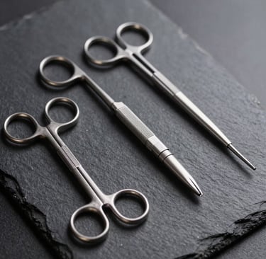 A collection of high-end neurosurgical instruments including silver-colored retractors and forceps, beautifully lit on a dark slate surface, emphasizing their sleek, professional design.