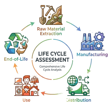 Diagram of life cycle assessment showing stages, connected in a circular flow.