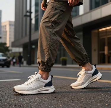 Happy customer walking confidently on a city street wearing stylish Stridelux shoes.
