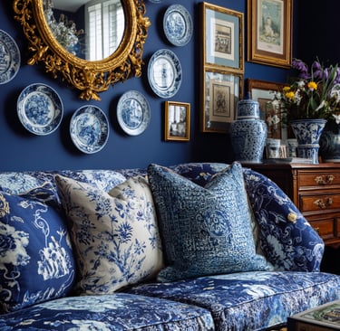 a blue couch with blue and white plates and a mirror