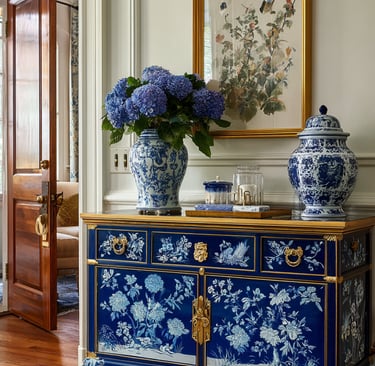 a blue and white cabinet with a vase with flowers in it