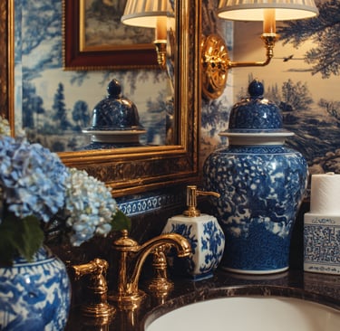a bathroom with a blue and white sink and a mirror