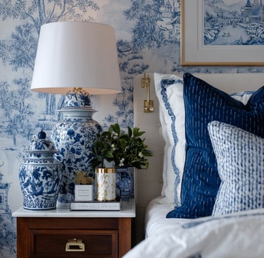 a bedroom with a lamp and a lamp on a nightstand