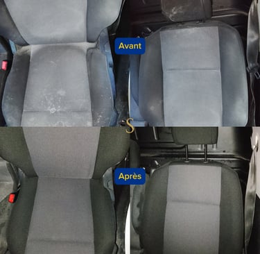 Avant et après nettoyage siège auto shampouinage, montrant l'élimination des taches tissus