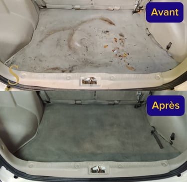 Avant et après nettoyage intérieur auto, montrant un tapis de coffre profondément nettoy
