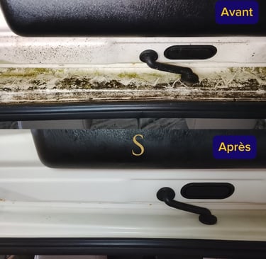 Comparaison avant et après nettoyage du cadre de porte de voiture pour éliminer la moisissure et 