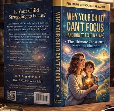 A conscious parenting book titled Why Your Child Can't Focus, displayed on a desk with a mother and child illustration.