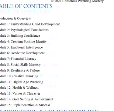 Table of contents for a conscious parenting mastery course listing modules on child development and emotional intelligence.