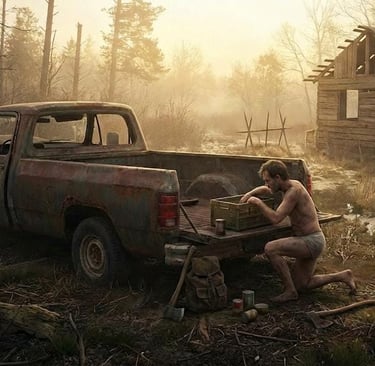 homem vasculhando uma caminhonete velha na floresta de LDoE