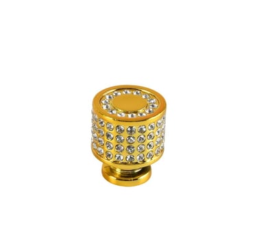 Polished gold round cabinet knob with decorative sparkling crystal rhinestones for luxury furniture.