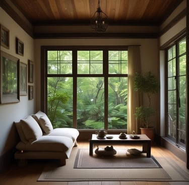 A serene lakeside at dawn with mist gently rising over calm water, framed by soft green trees.