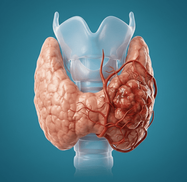 Ilustración médica de una glándula tiroides con un nódulo tumoral canceroso y vasos sanguíneos 