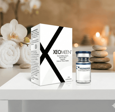 toxina botulínica marca Xeomeen producto en consultorio de spa con piedras de rio y toallas