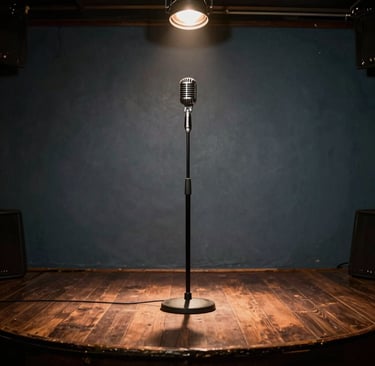 A candid, soulful shot of a small wooden stage in an intimate American club. A single vintage microphone stands under a warm spotlight. Deep shadows, vibrant yet nostalgic mood. Colors include charcoal, dark brown, and slate blue-grey.