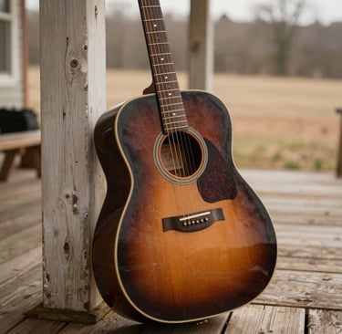 Close-up photography of a vintage sunburst acoustic guitar leaning against a weathered wooden porch in the North American countryside. Soft, warm morning light, soulful and authentic atmosphere. Colors include brown, copper, and beige.