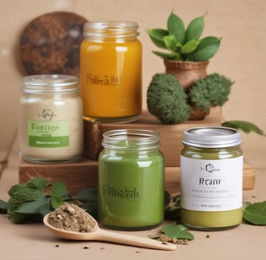 Close-up of fresh green herbs and flowers arranged on a wooden table, highlighting natural ingredients.