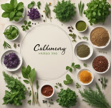 Close-up of fresh green herbs and flowers arranged on a wooden table, highlighting natural ingredients.