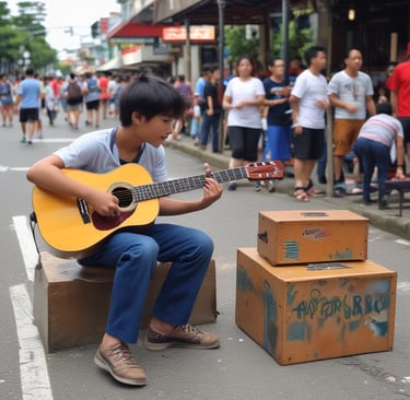 Close-up of Messa Busker’s hands skillfully strumming an acoustic guitar with a vibrant market scene behind.