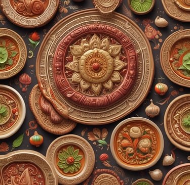 A bustling food stall at swaad sutra with colorful spices and fresh ingredients displayed under warm lighting.
