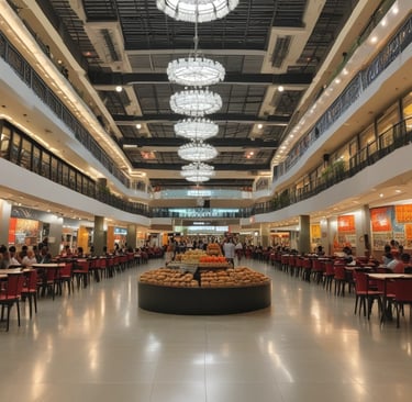 Happy customer enjoying spicy Indian snacks at a bustling food stall decorated with Madhubani paintings.